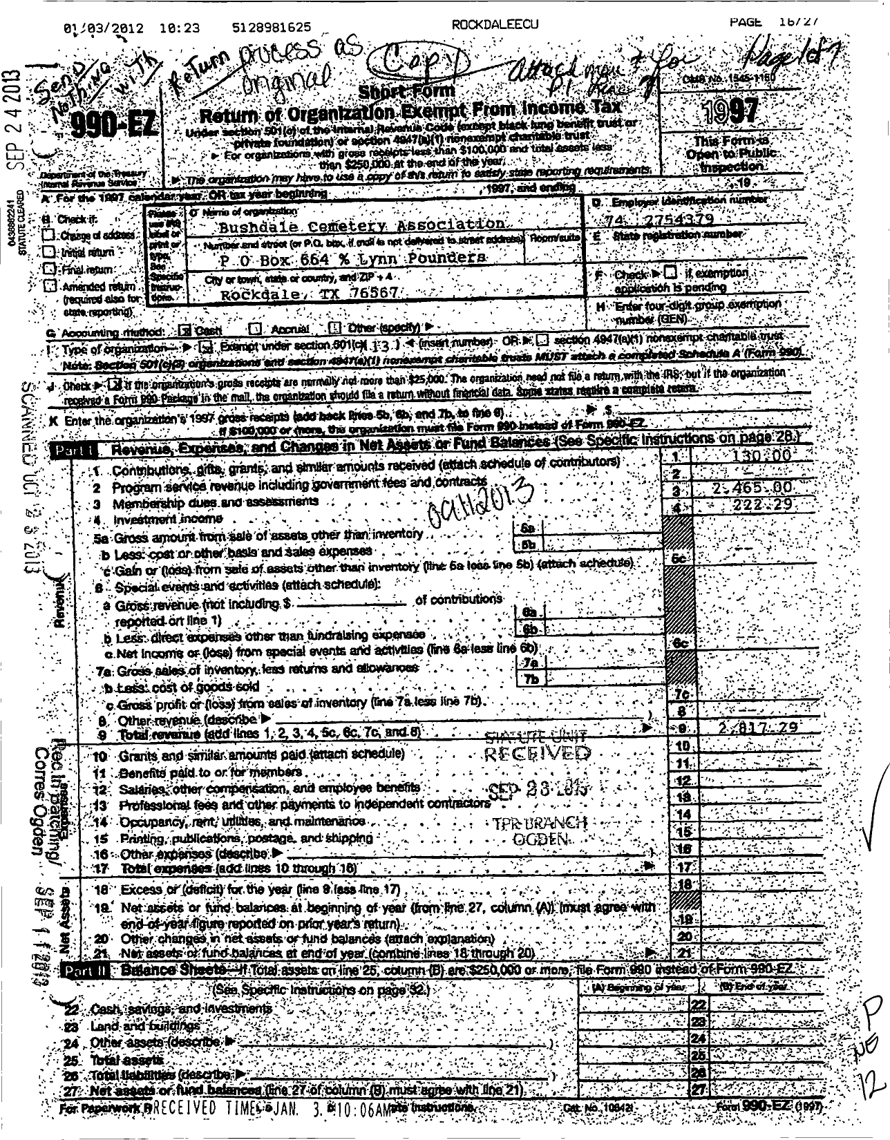 Image of first page of 1997 Form 990EO for Bushdale Cemetery Association