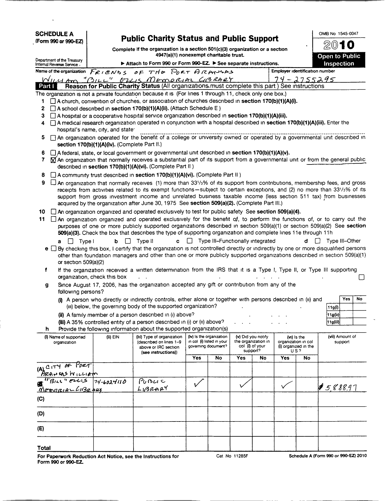 Image of first page of 2010 Form 990ER for Friends of the Port Aransas William R Bill Ellis Memorial Library