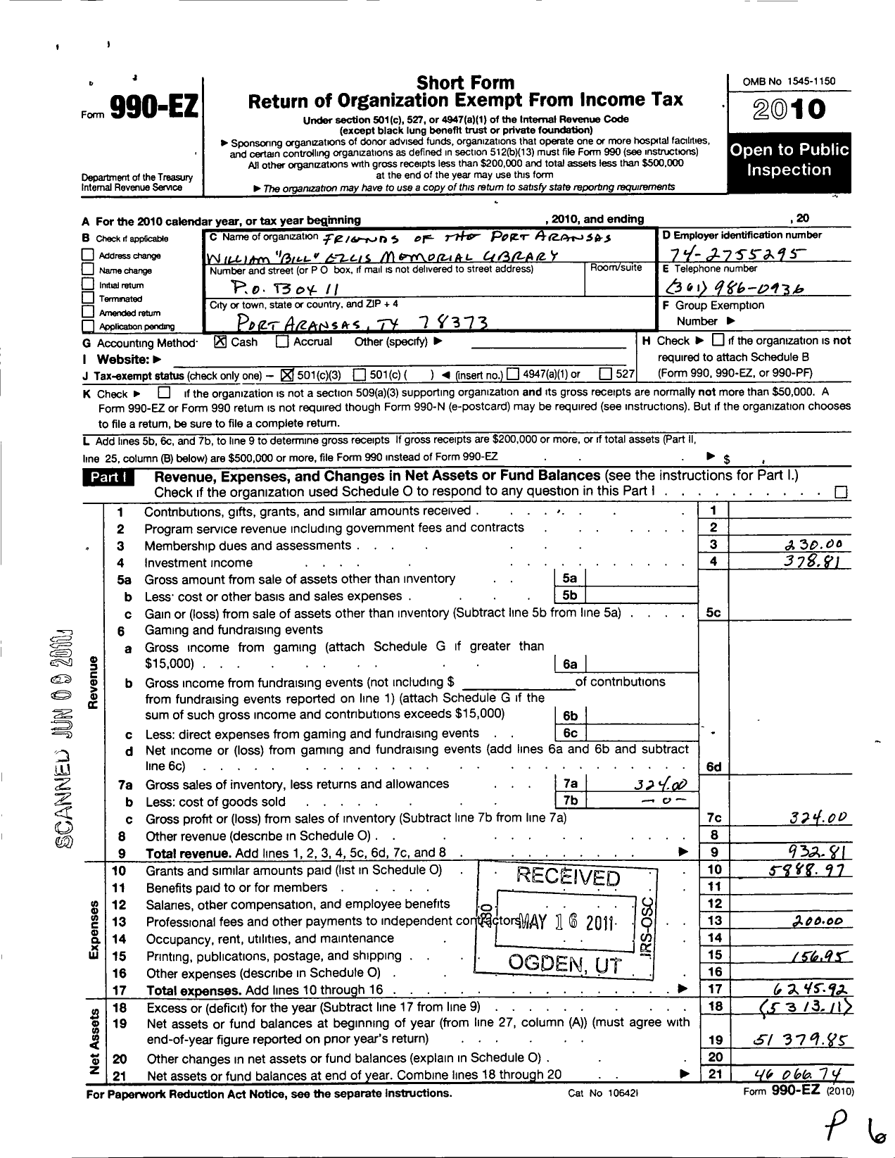 Image of first page of 2010 Form 990EZ for Friends of the Port Aransas William R Bill Ellis Memorial Library