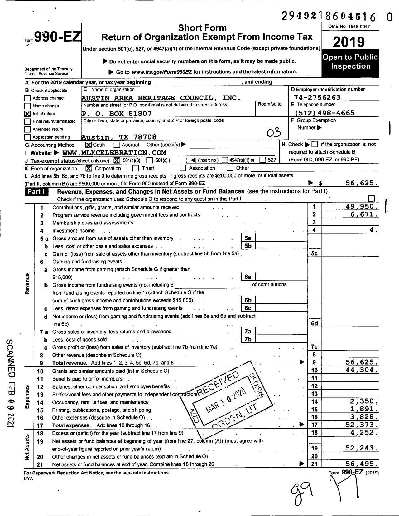 Image of first page of 2019 Form 990EZ for Austin Area Heritage Council