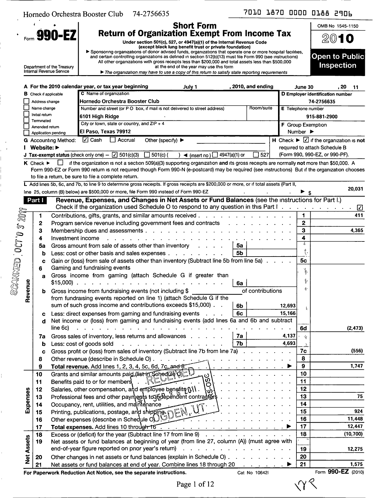 Image of first page of 2010 Form 990EZ for Hornedo Orchestra Booster Club