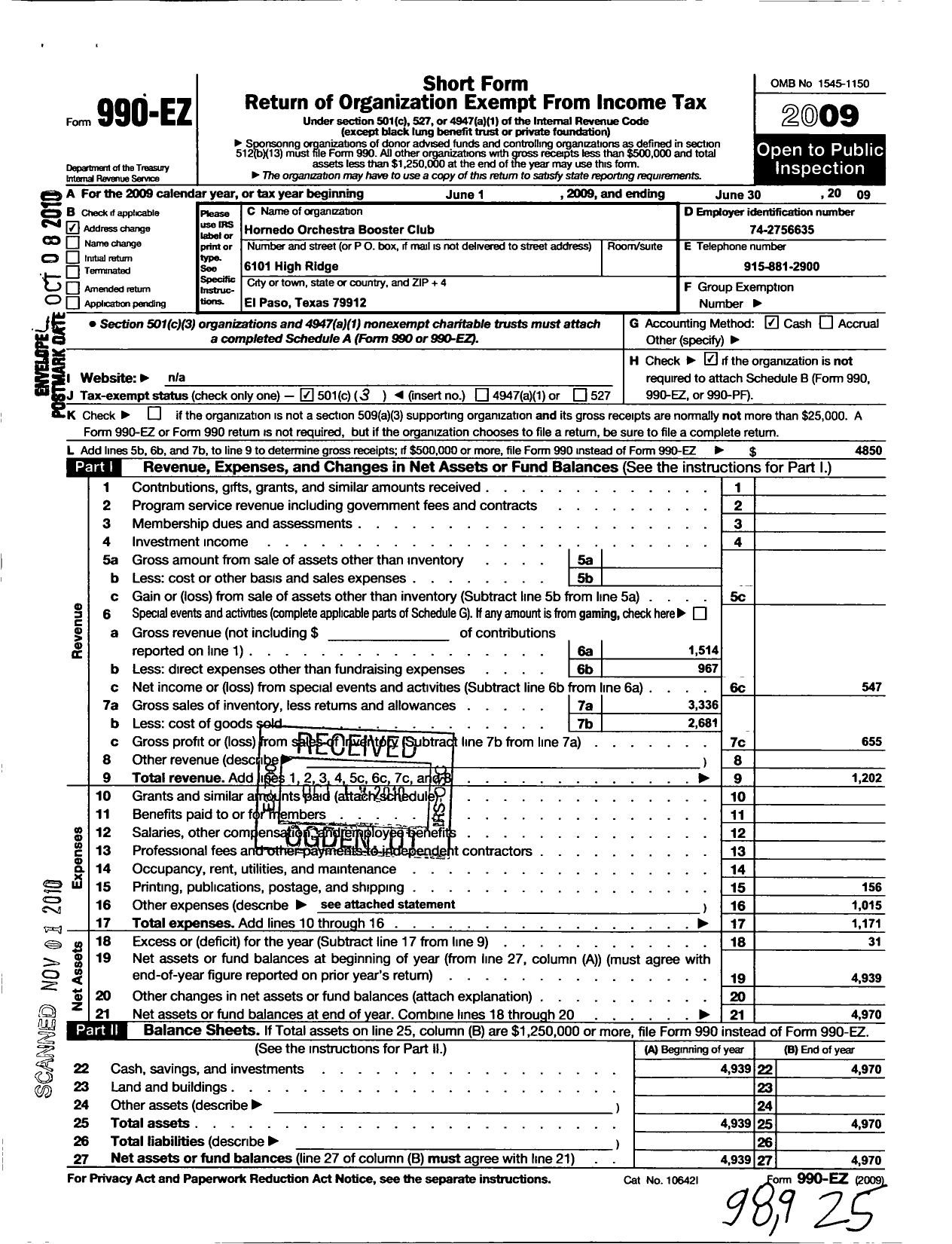 Image of first page of 2008 Form 990EZ for Hornedo Orchestra Booster Club