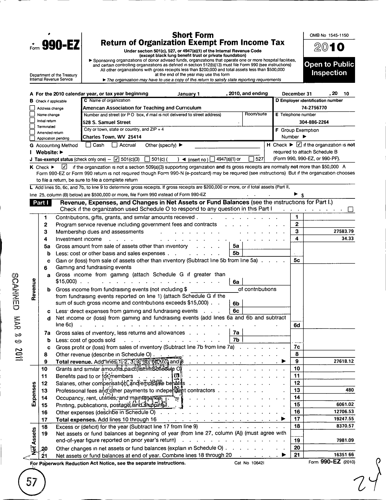 Image of first page of 2010 Form 990EZ for The American Association for Teaching and Curriculum