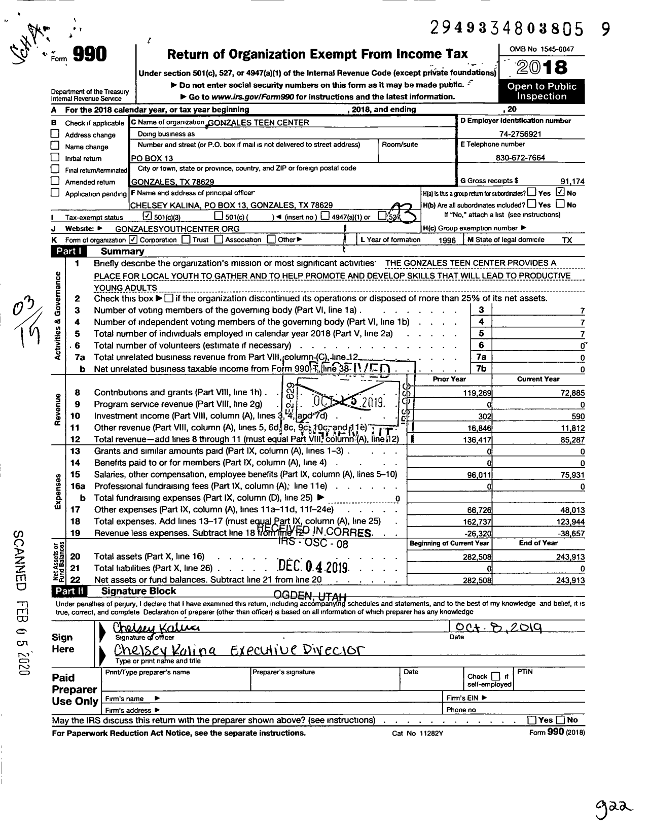 Image of first page of 2018 Form 990 for Gonzales Teen Center