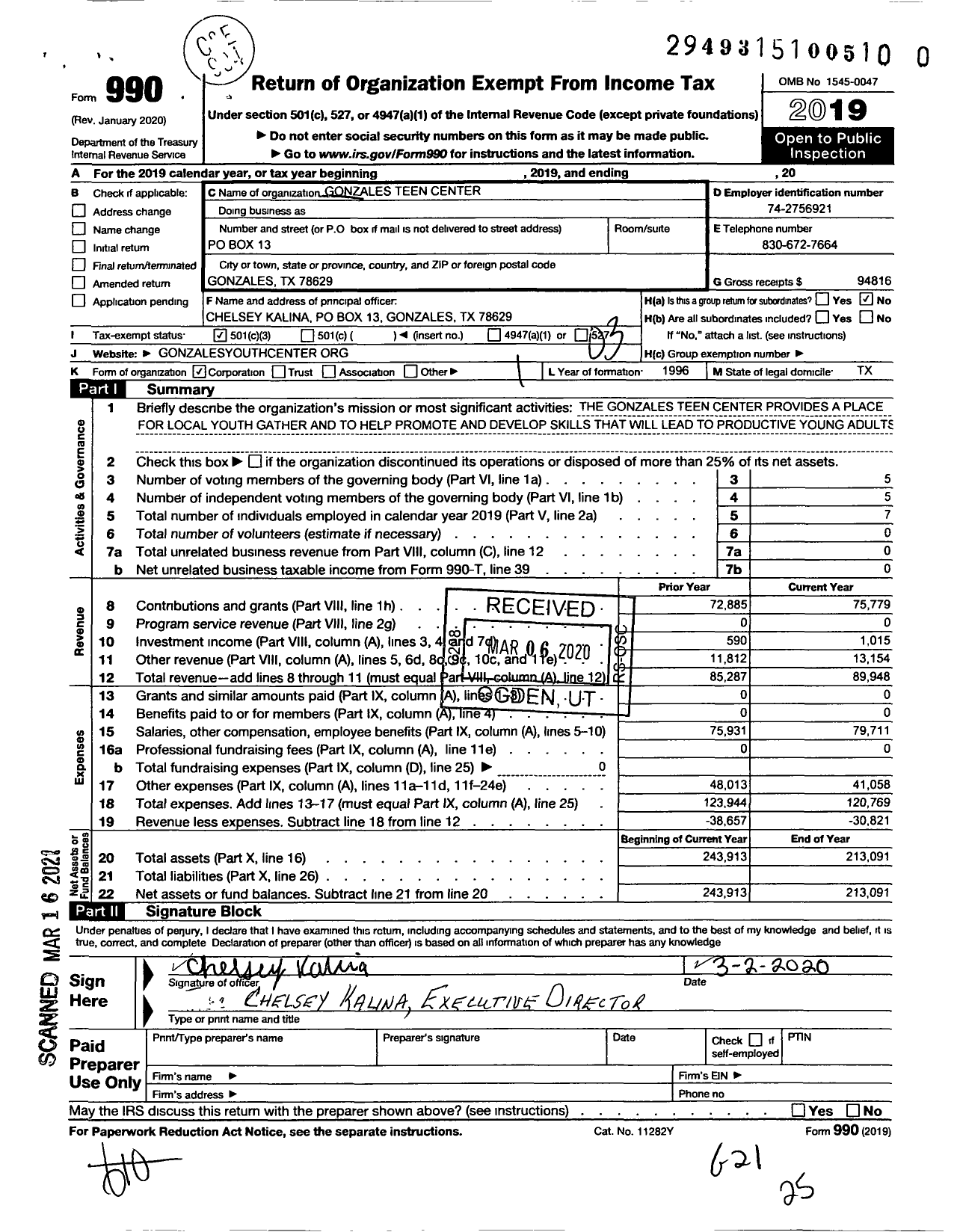 Image of first page of 2019 Form 990 for Gonzales Teen Center