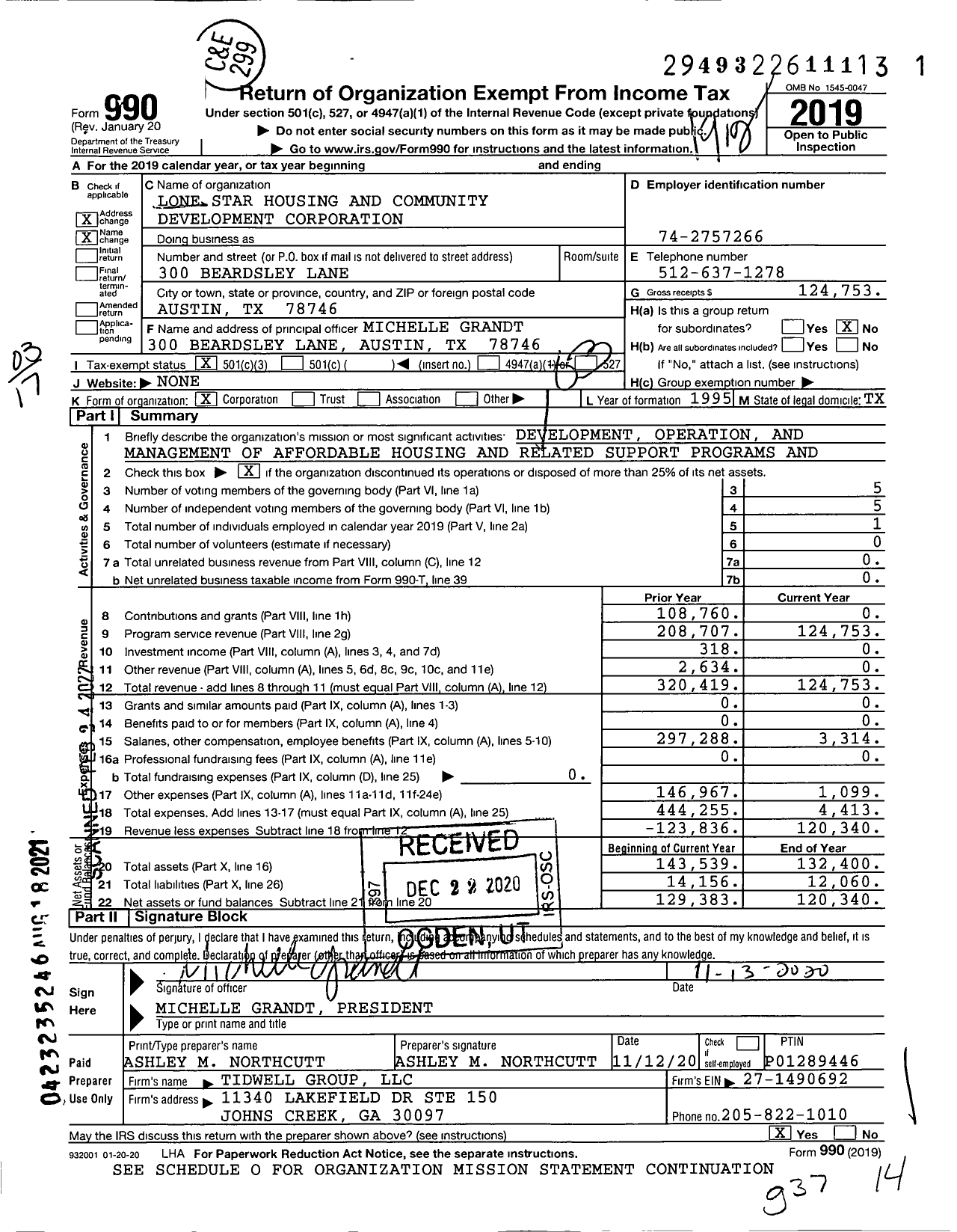 Image of first page of 2019 Form 990 for Lone Star Housing and Community Development Corporation