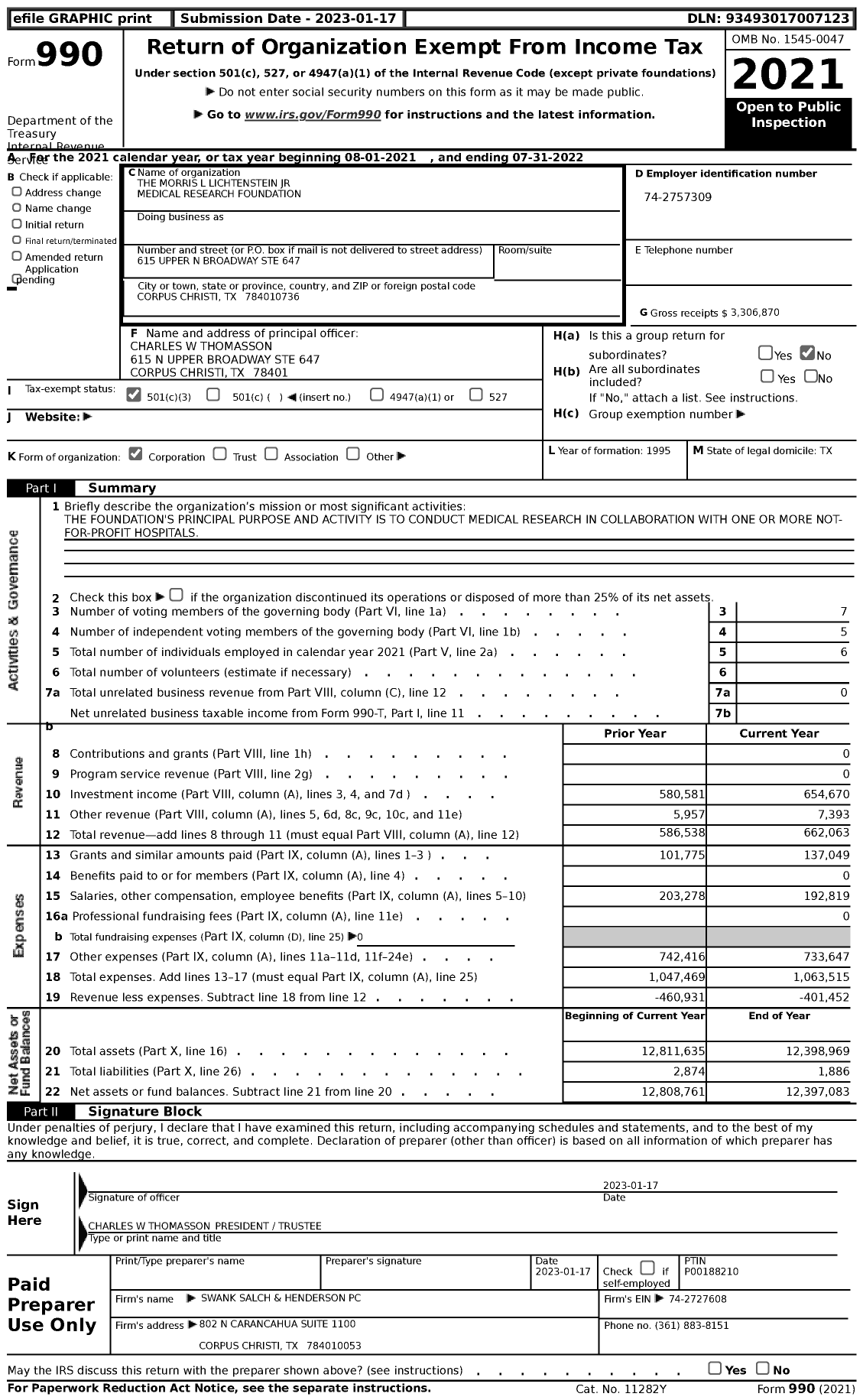 Image of first page of 2021 Form 990 for The Morris L Lichtenstein JR Medical Research Foundation