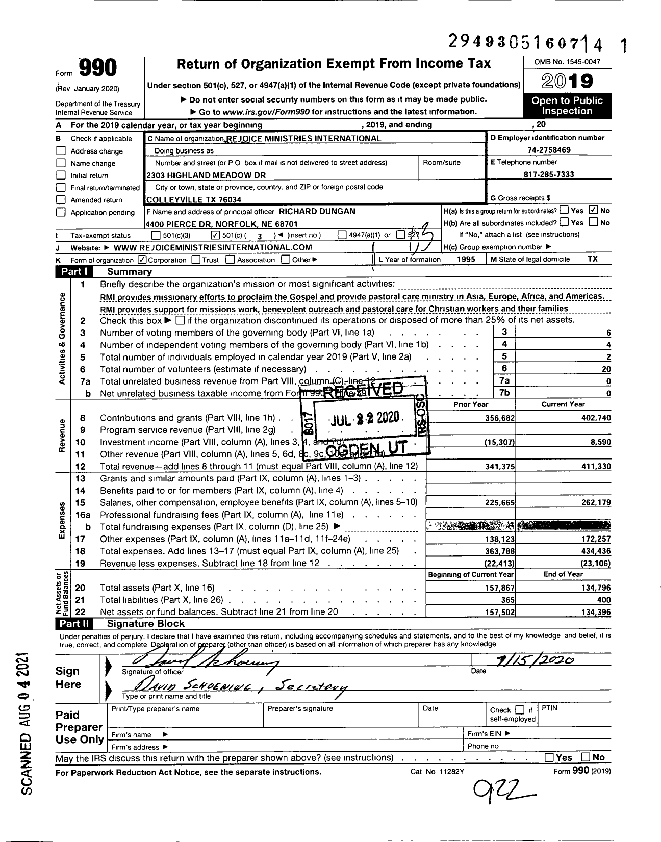 Image of first page of 2019 Form 990 for Rejoice Ministries International