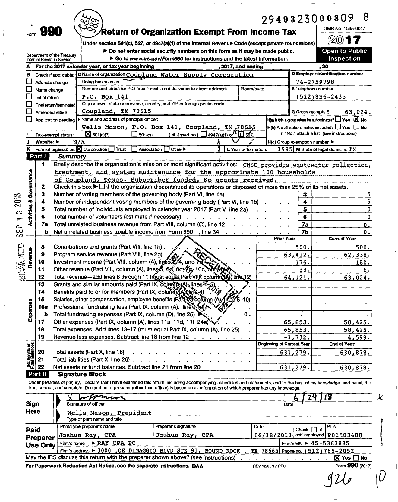 Image of first page of 2017 Form 990 for Coupland Water Supply Corporation