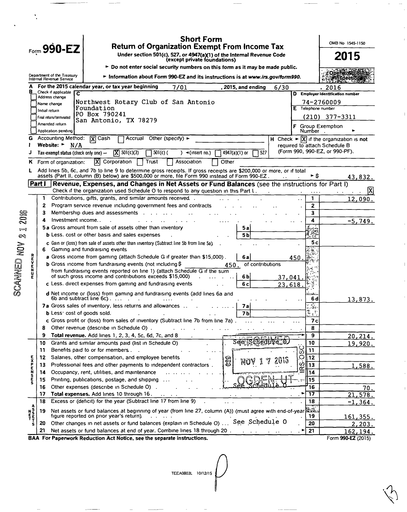 Image of first page of 2015 Form 990EZ for Northwest Rotary Charitable Fund