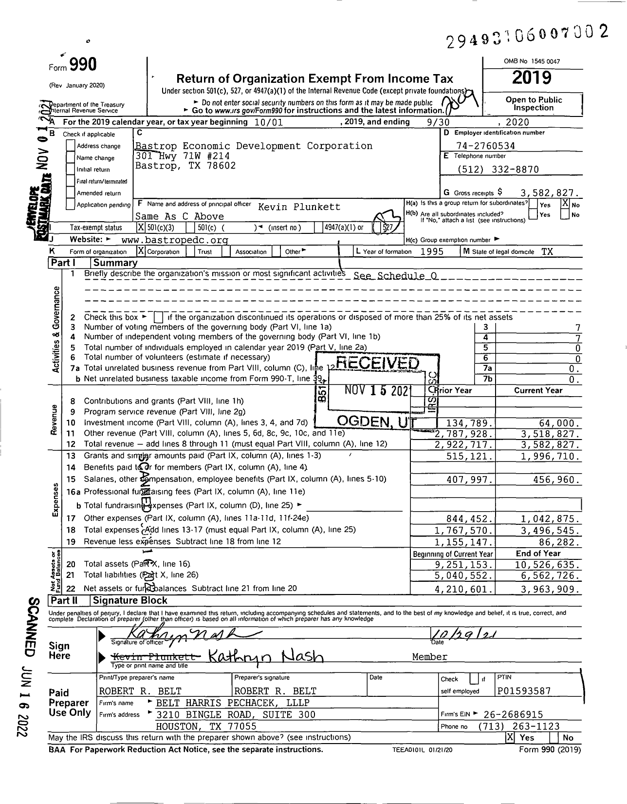 Image of first page of 2019 Form 990 for Bastrop Economic Development Corporation