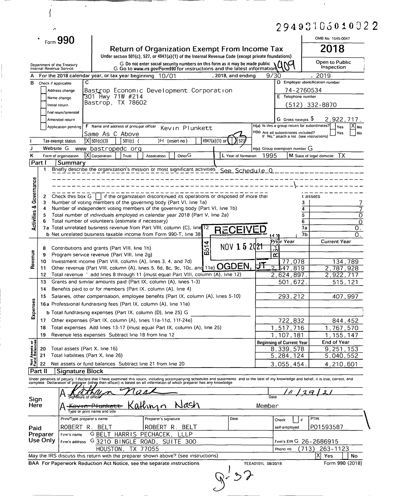 Image of first page of 2018 Form 990 for Bastrop Economic Development Corporation