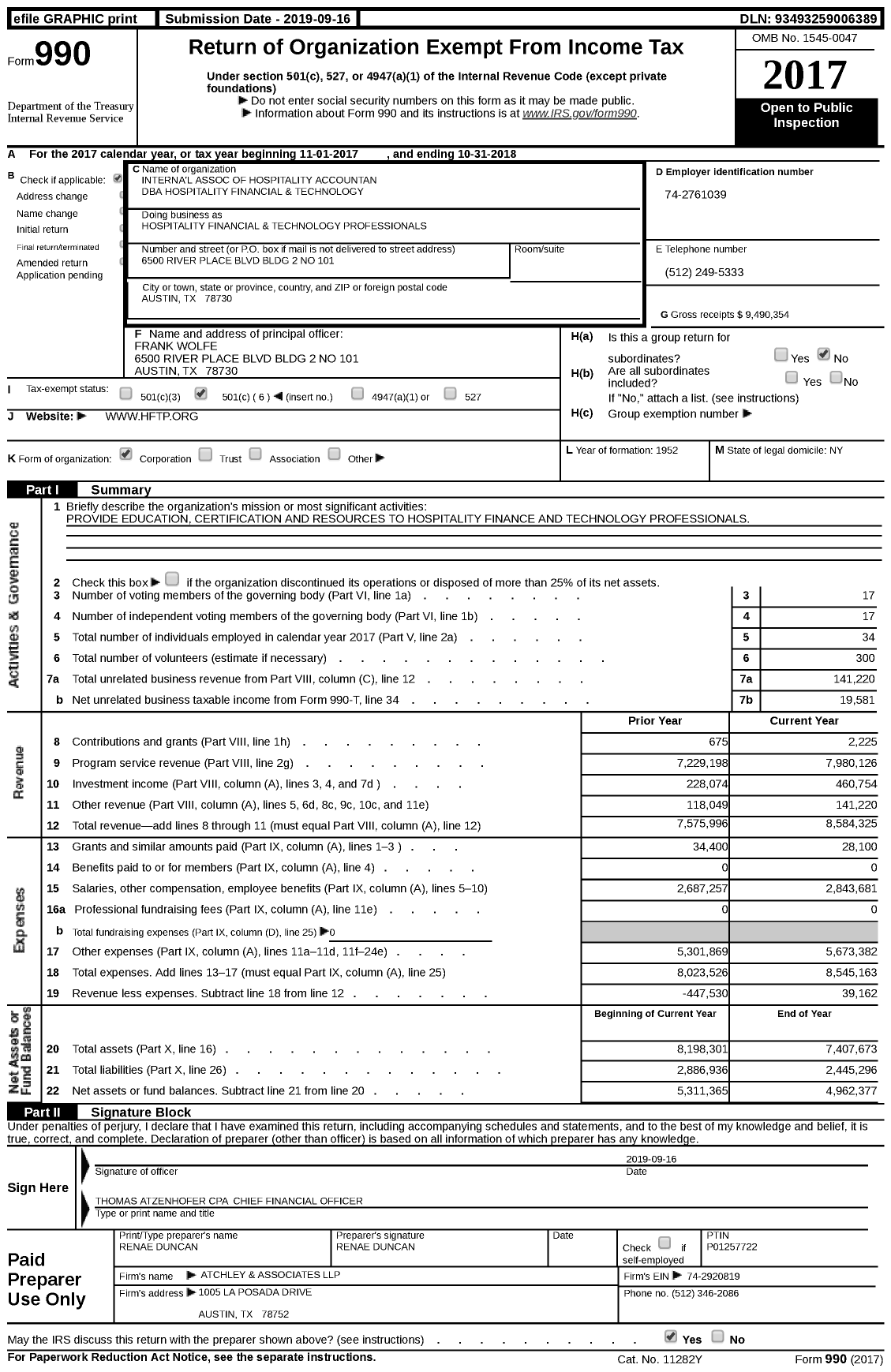 Image of first page of 2017 Form 990 for Hospitality Financial and Technology Professionals