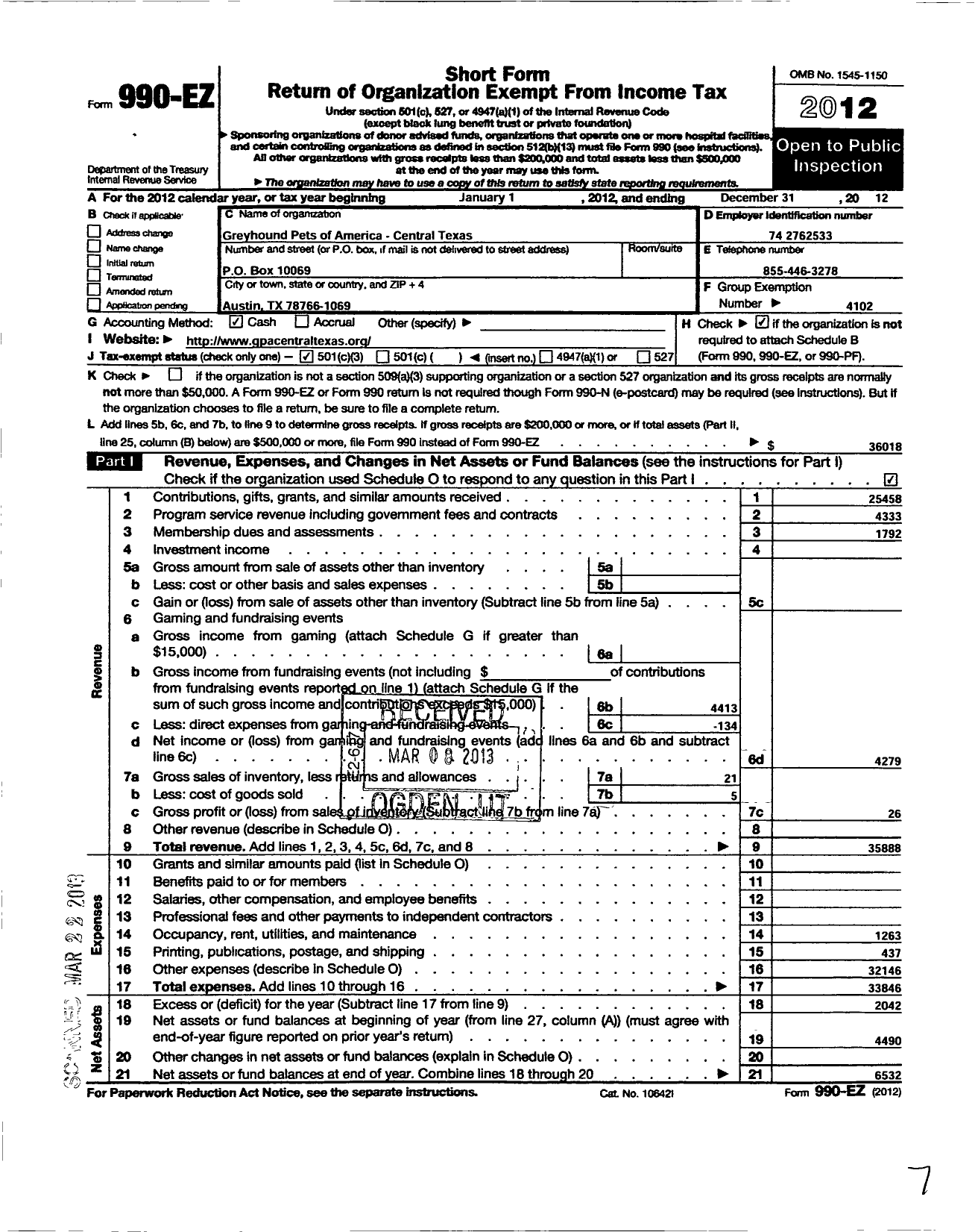 Image of first page of 2012 Form 990EZ for Greyhound Pets of America / Central Texas