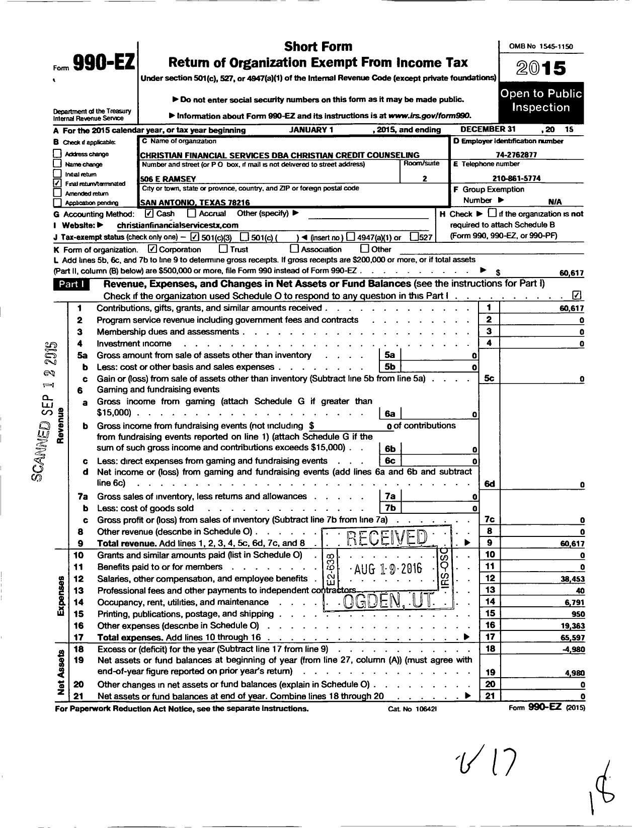 Image of first page of 2015 Form 990EZ for Christian Financial Services / Christian Credit Counseling