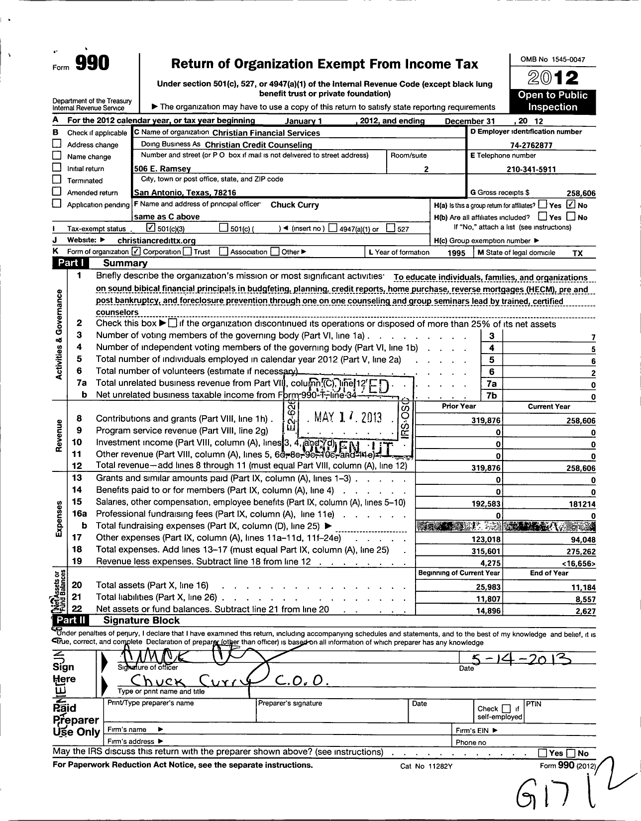 Image of first page of 2012 Form 990 for Christian Financial Services / Christian Credit Counseling
