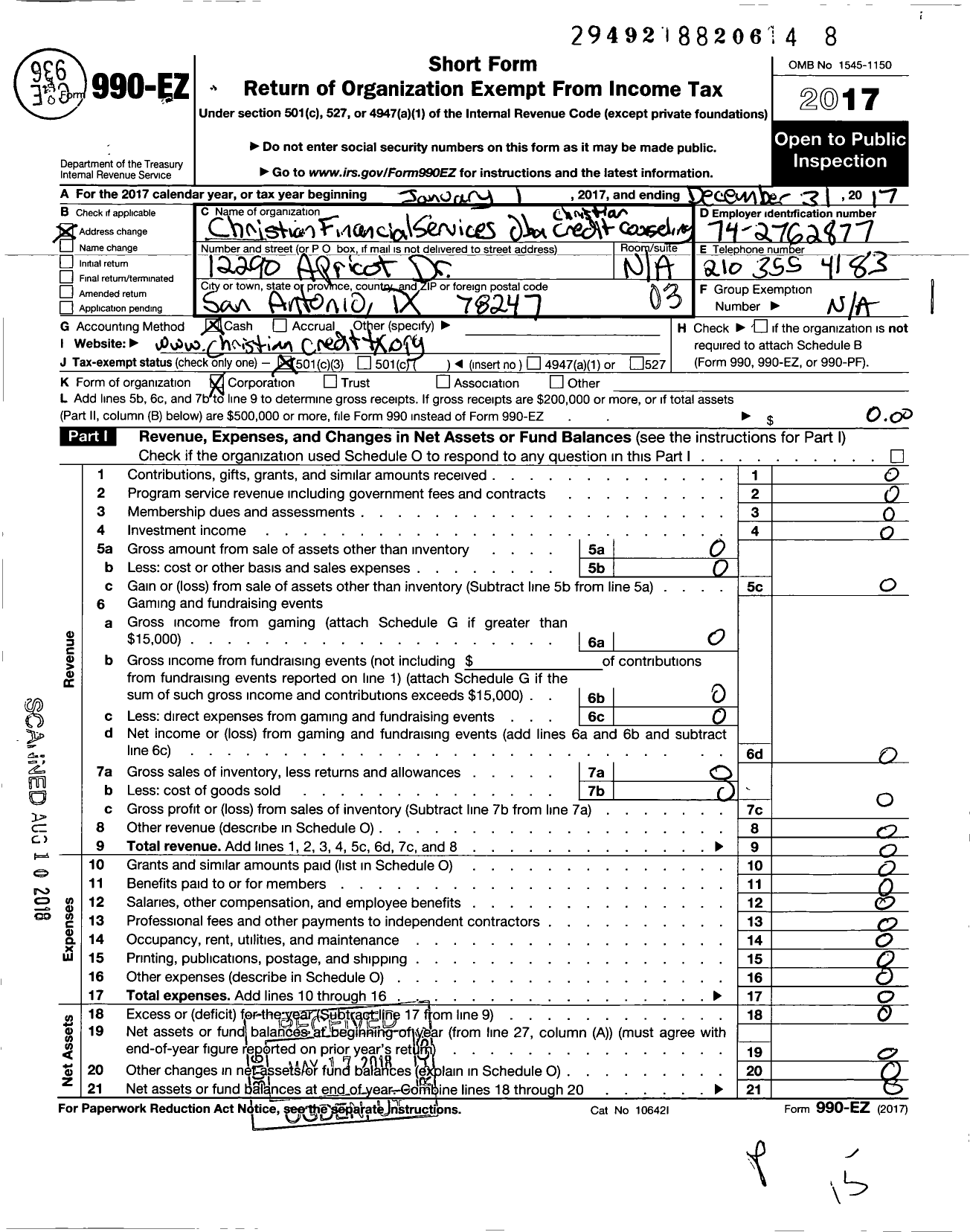 Image of first page of 2017 Form 990EZ for Christian Financial Services / Christian Credit Counseling