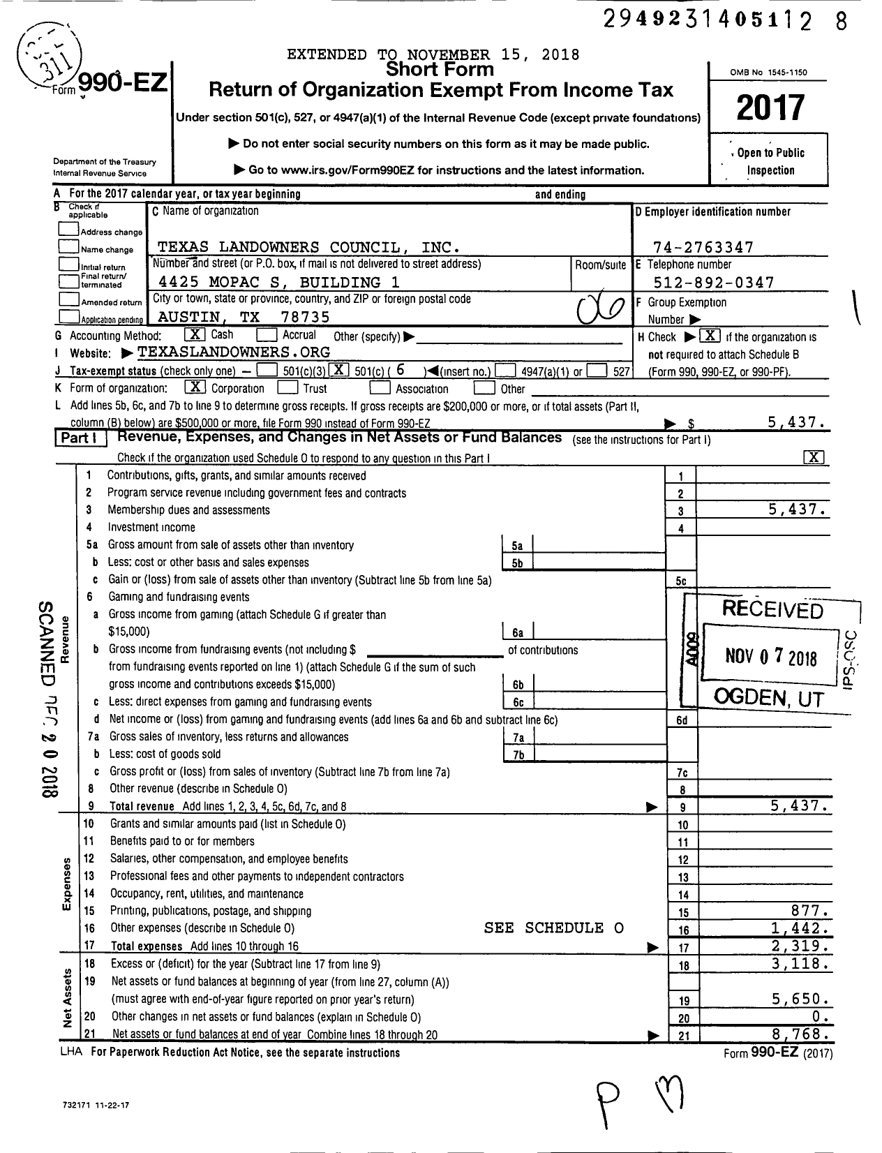 Image of first page of 2017 Form 990EO for Texas Landowners Council