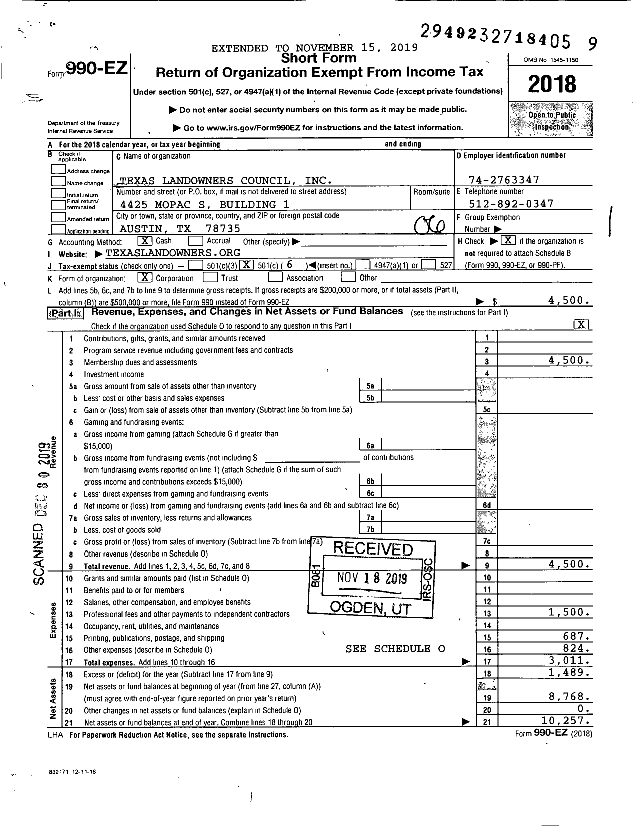 Image of first page of 2018 Form 990EO for Texas Landowners Council