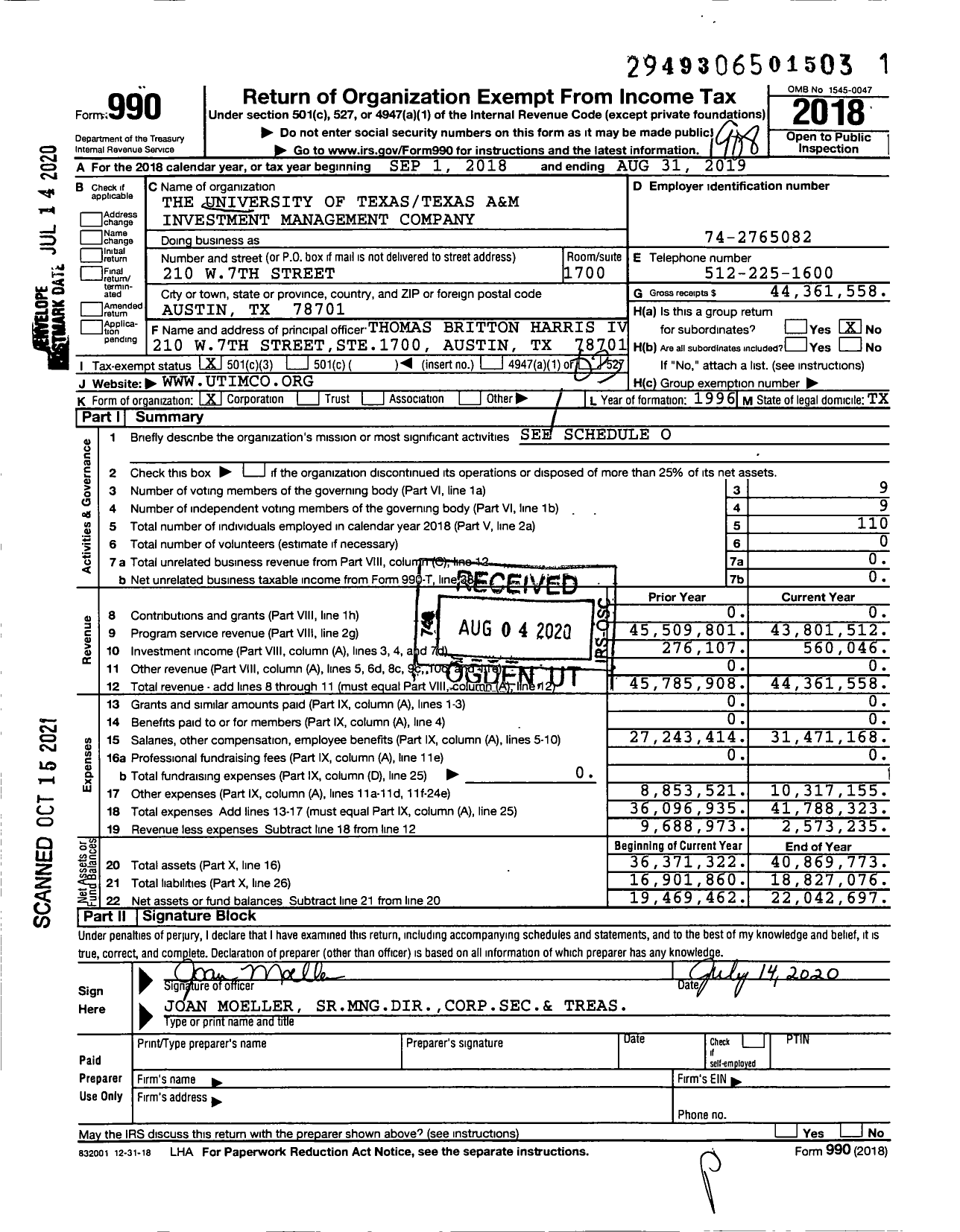 Image of first page of 2018 Form 990 for The University of TexasTexas A&M Investment Management Company
