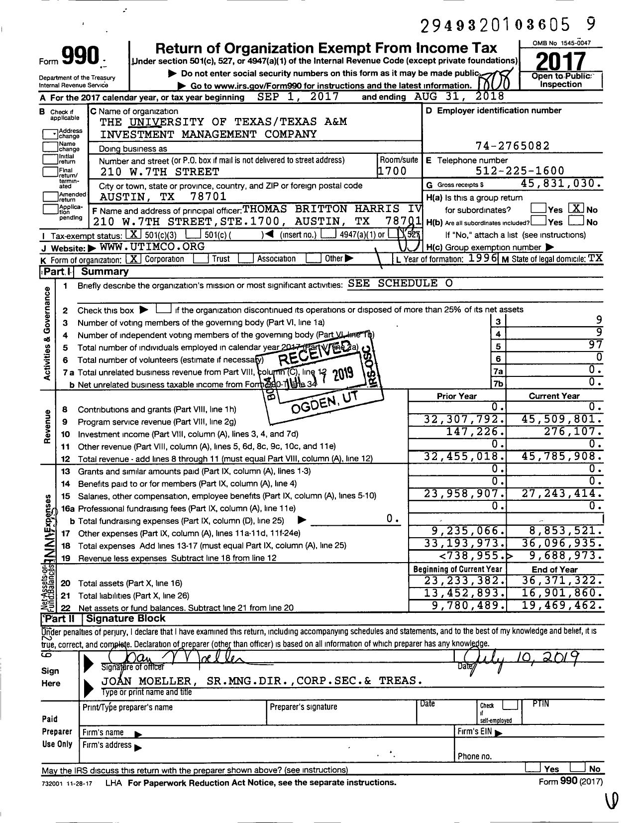 Image of first page of 2017 Form 990 for The University of TexasTexas A&M Investment Management Company