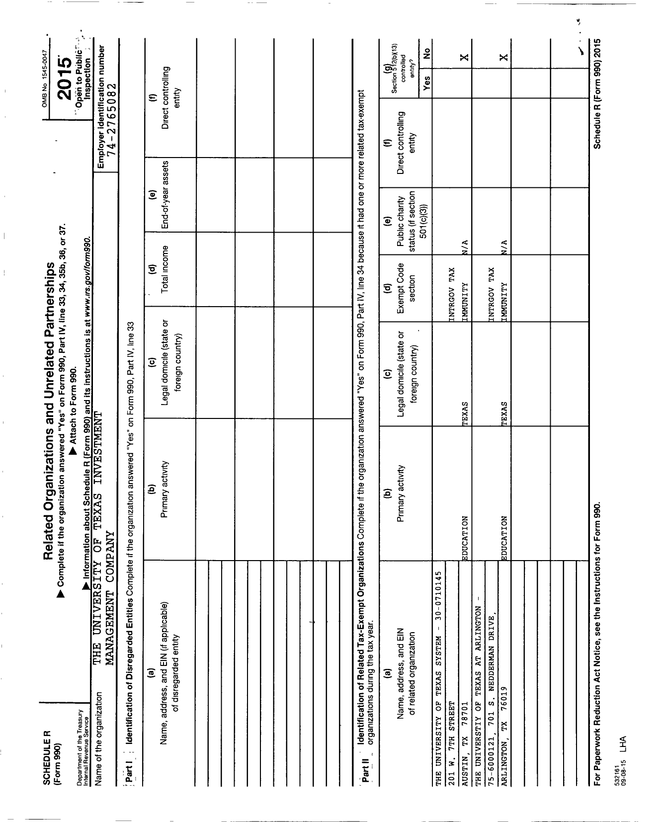 Image of first page of 2015 Form 990R for The University of TexasTexas A&M Investment Management Company