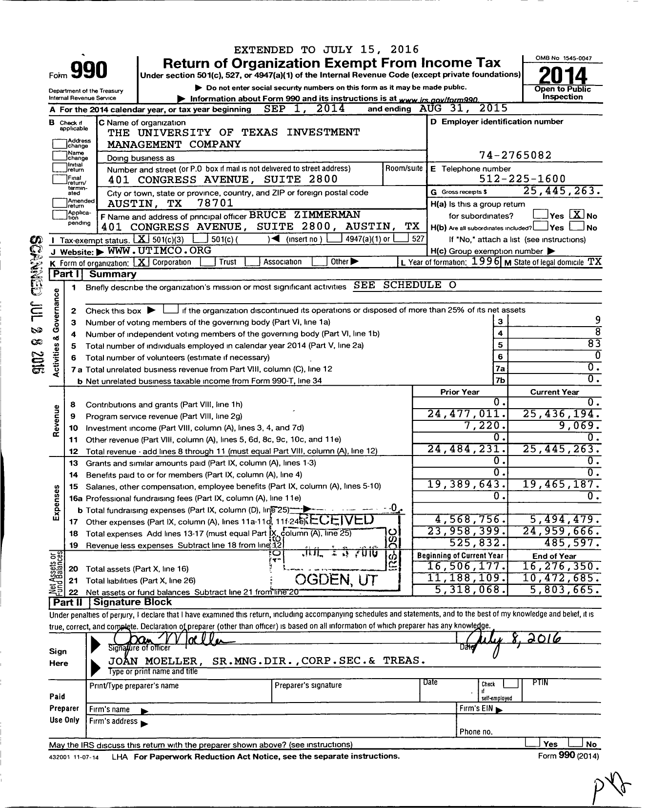 Image of first page of 2014 Form 990 for University of Texas Texas A and M Investment Management Company
