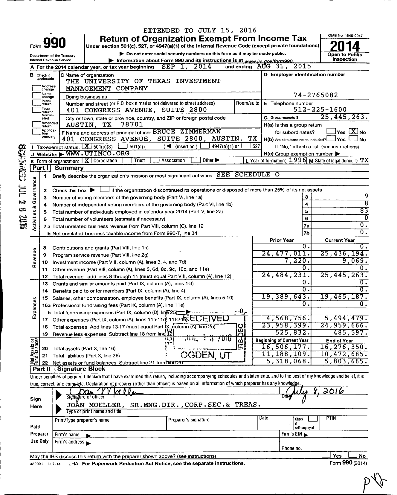 Image of first page of 2014 Form 990 for The University of TexasTexas A&M Investment Management Company