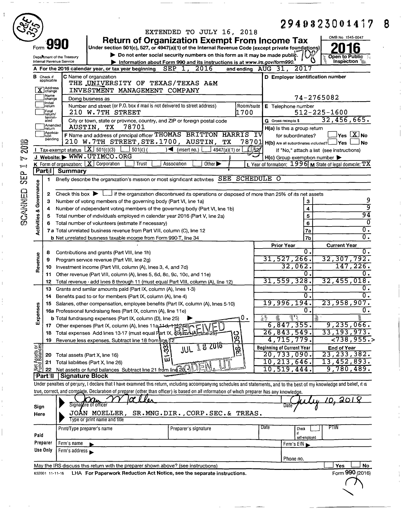 Image of first page of 2016 Form 990 for University of Texas Texas A and M Investment Management Company