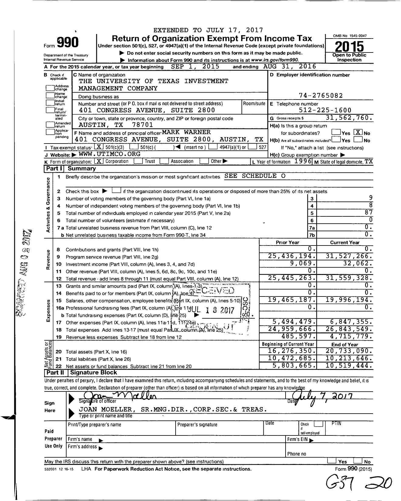 Image of first page of 2015 Form 990 for The University of TexasTexas A&M Investment Management Company