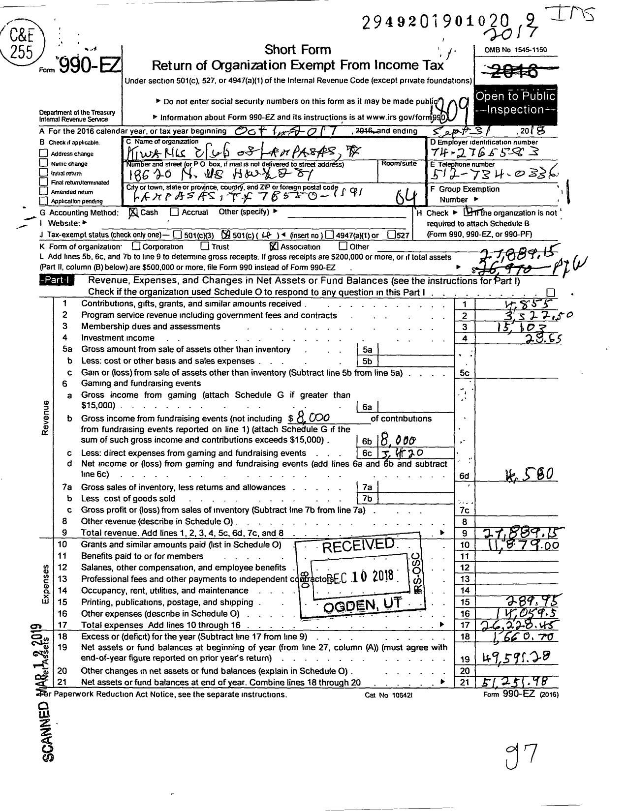 Image of first page of 2017 Form 990EO for Kiwanis International - K03842 Lampasas