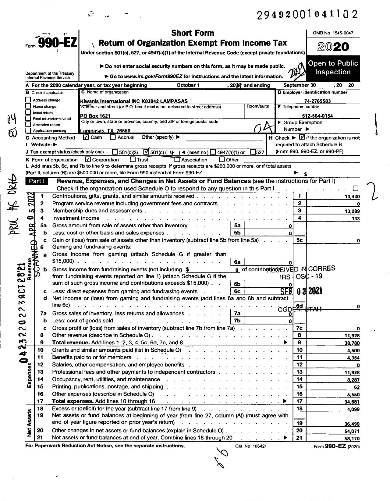 Image of first page of 2019 Form 990EO for Kiwanis International - K03842 Lampasas