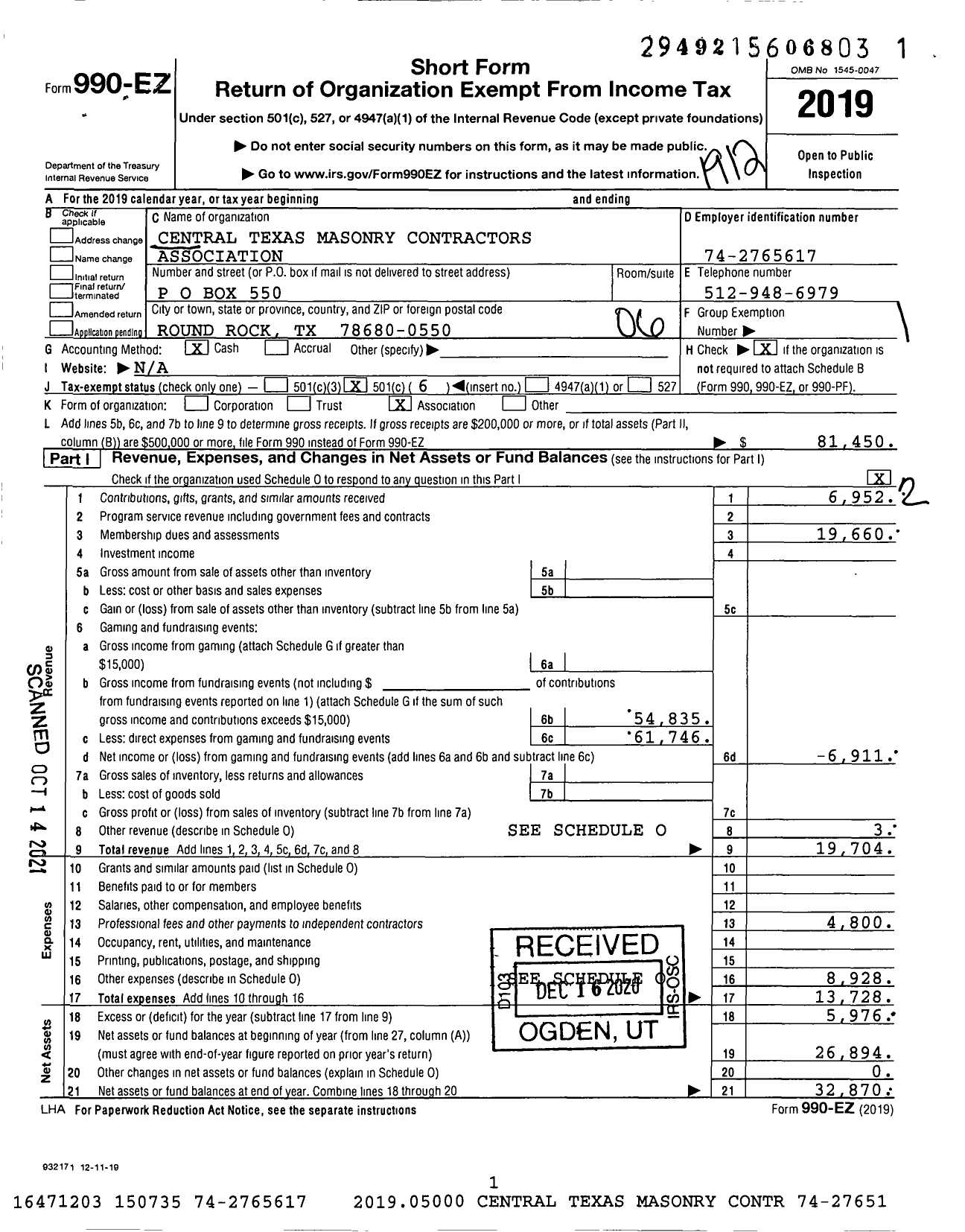 Image of first page of 2019 Form 990EO for Central Texas Masonry Contractors Association