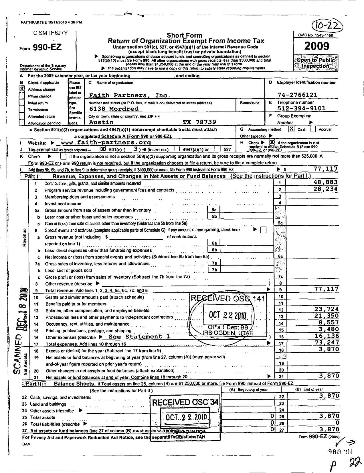 Image of first page of 2009 Form 990EZ for Faith Partners