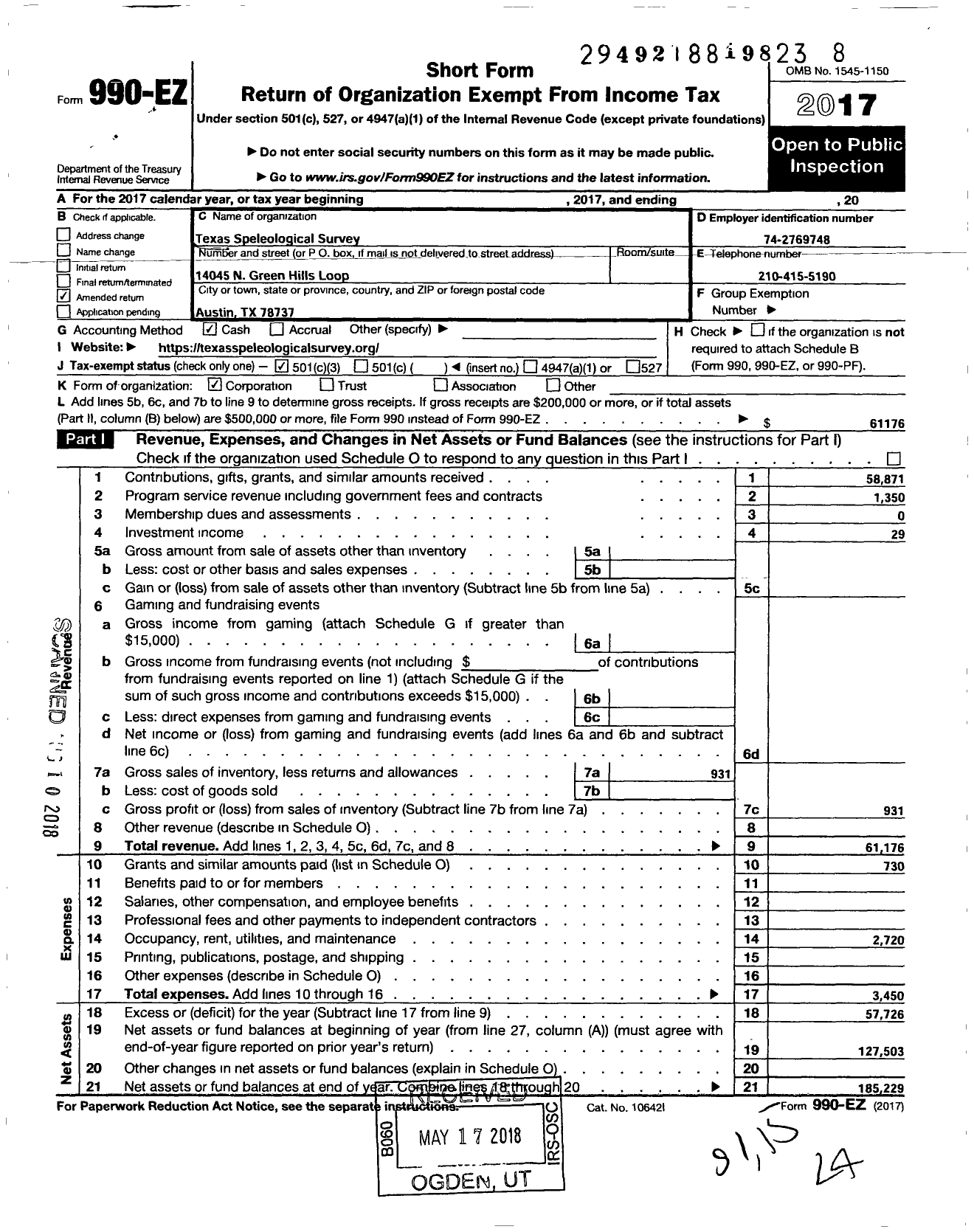 Image of first page of 2017 Form 990EZ for Texas Speleological Survey