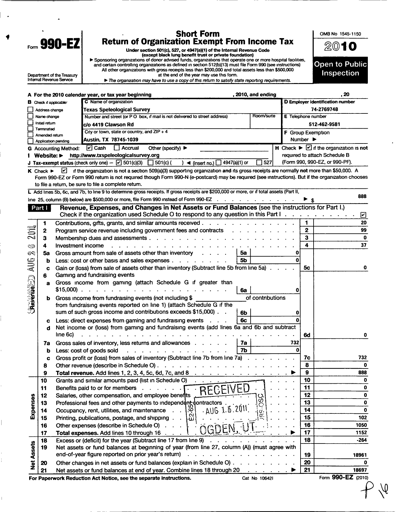 Image of first page of 2010 Form 990EZ for Texas Speleological Survey