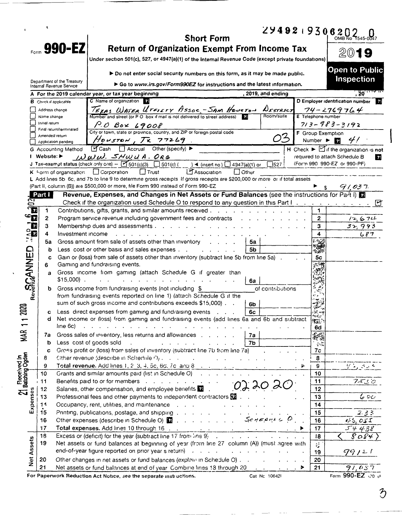 Image of first page of 2019 Form 990EZ for Texas Water Utility Association Sam Houston District
