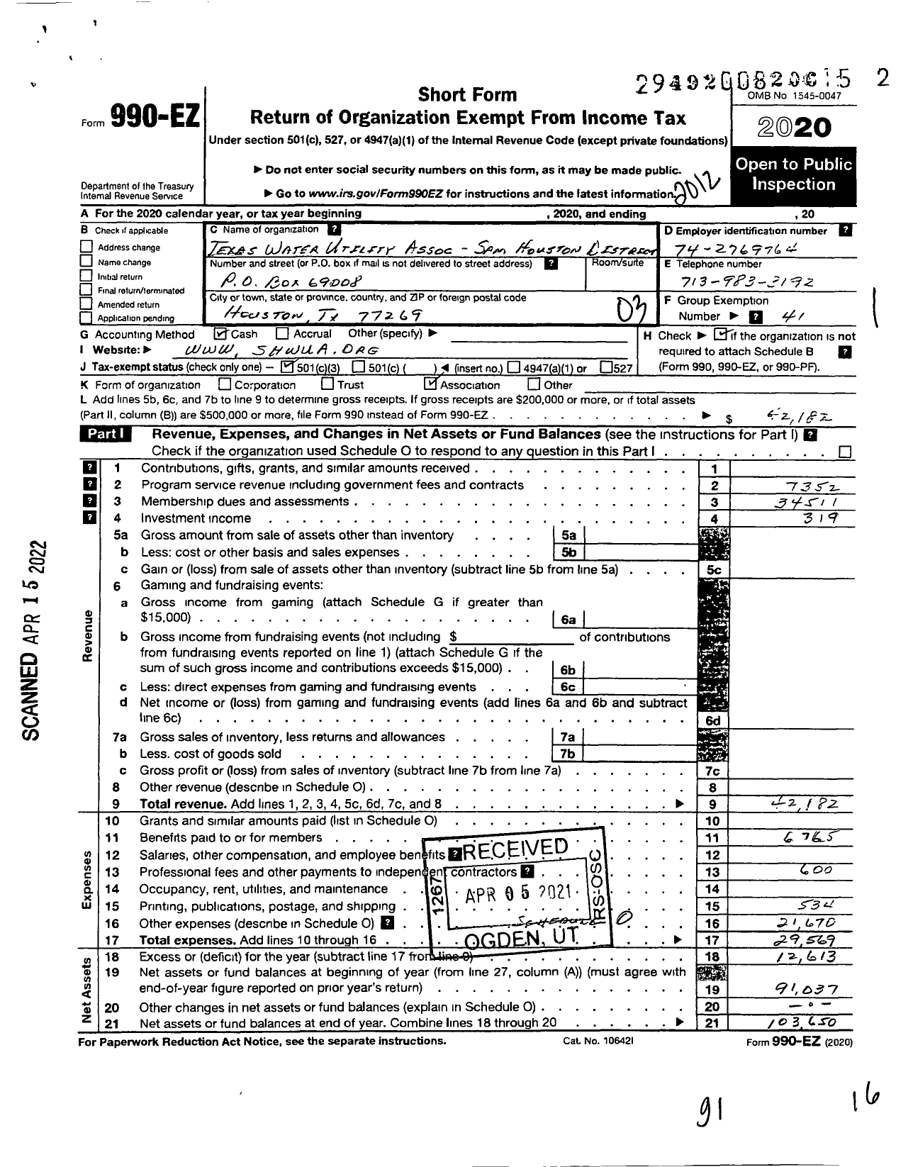 Image of first page of 2020 Form 990EZ for Texas Water Utility Association Sam Houston District