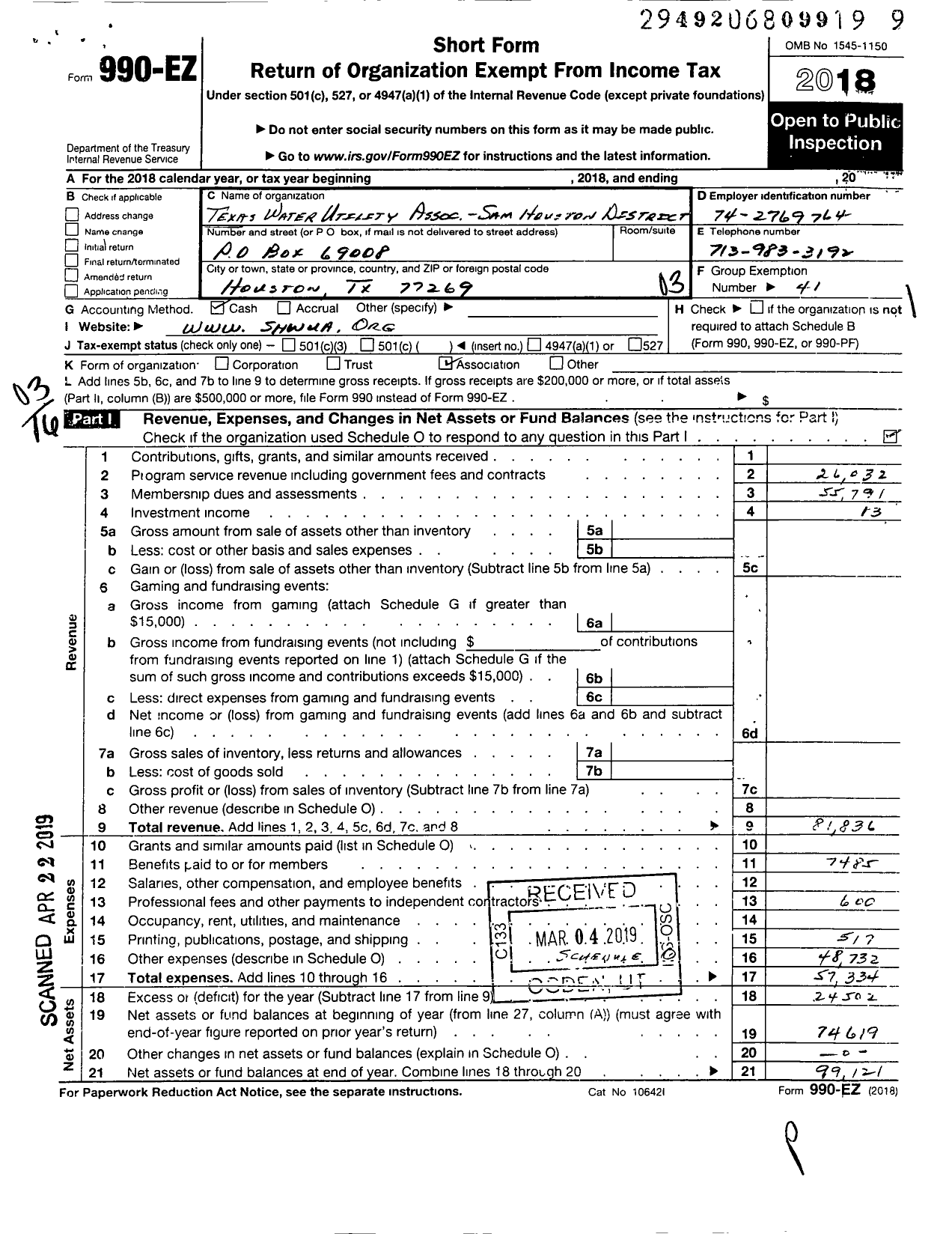 Image of first page of 2018 Form 990EZ for Texas Water Utility Association Sam Houston District