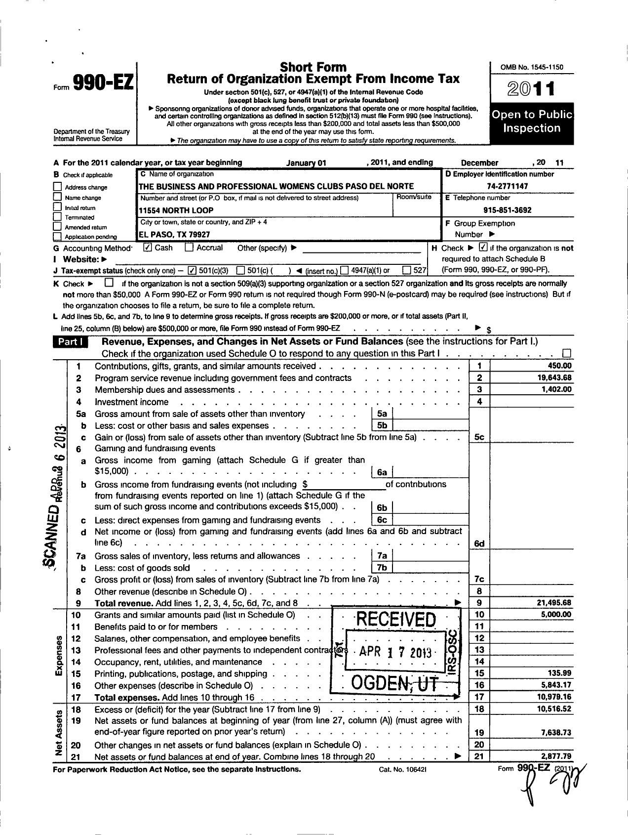 Image of first page of 2011 Form 990EZ for The Business and Professional Womens Club Paso Del Norte