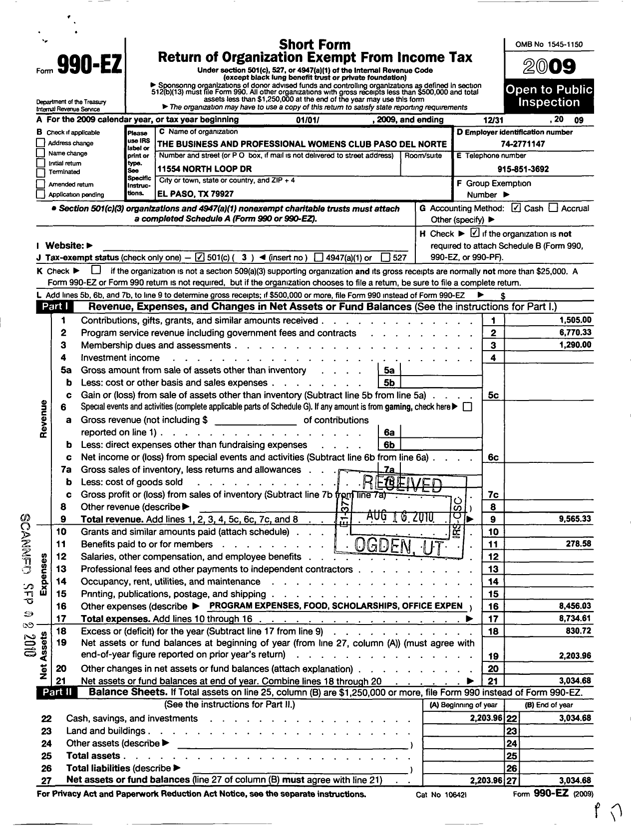 Image of first page of 2009 Form 990EZ for The Business and Professional Womens Club Paso Del Norte