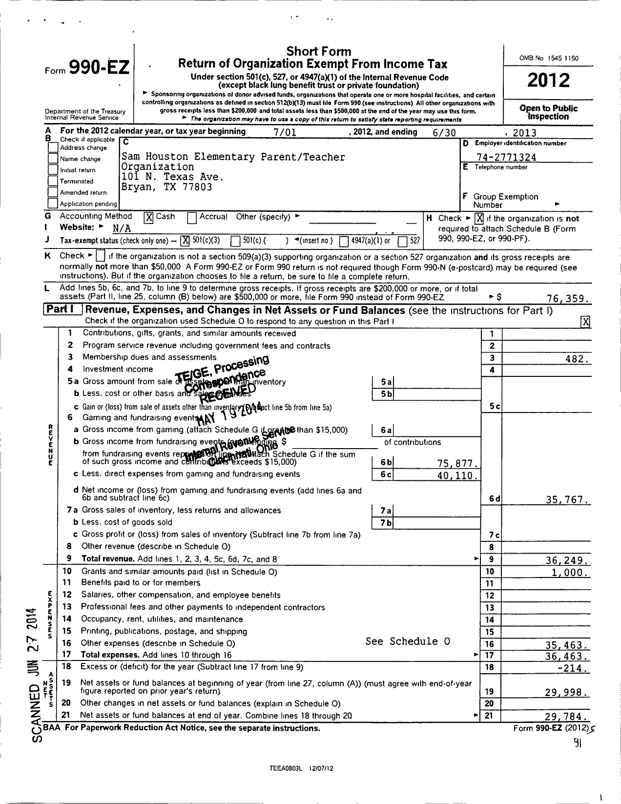 Image of first page of 2012 Form 990EZ for Sam Houston Elementary Parent Teacher Organization of Bryan Texas