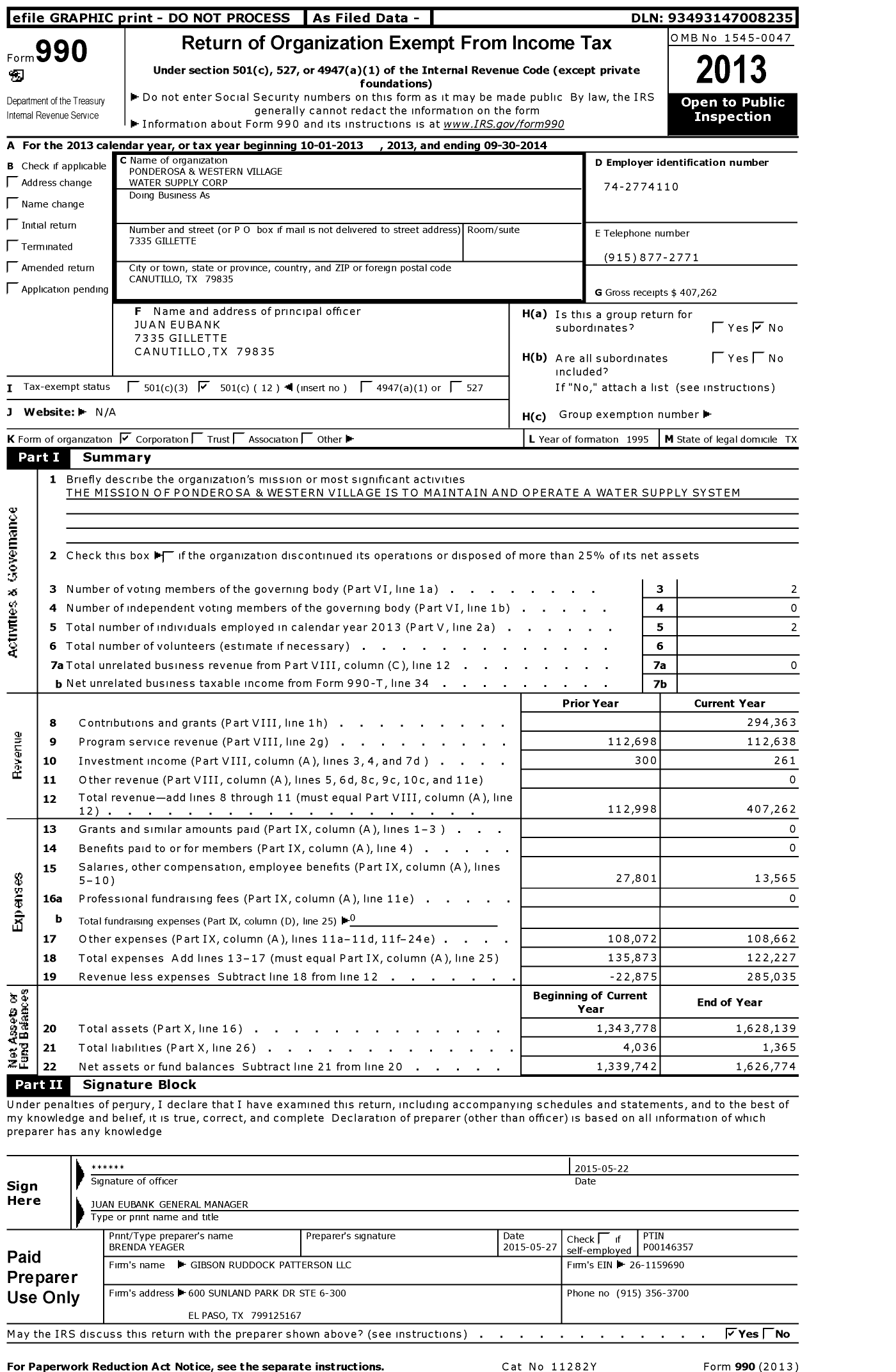 Image of first page of 2013 Form 990O for Ponderosa and Western Village Water Supply Corporation