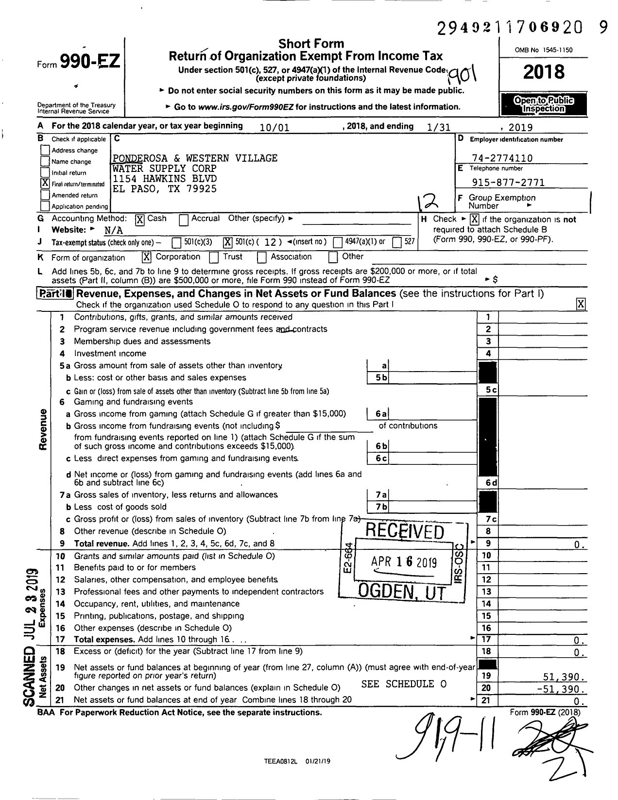 Image of first page of 2018 Form 990EO for Ponderosa and Western Village Water Supply Corporation