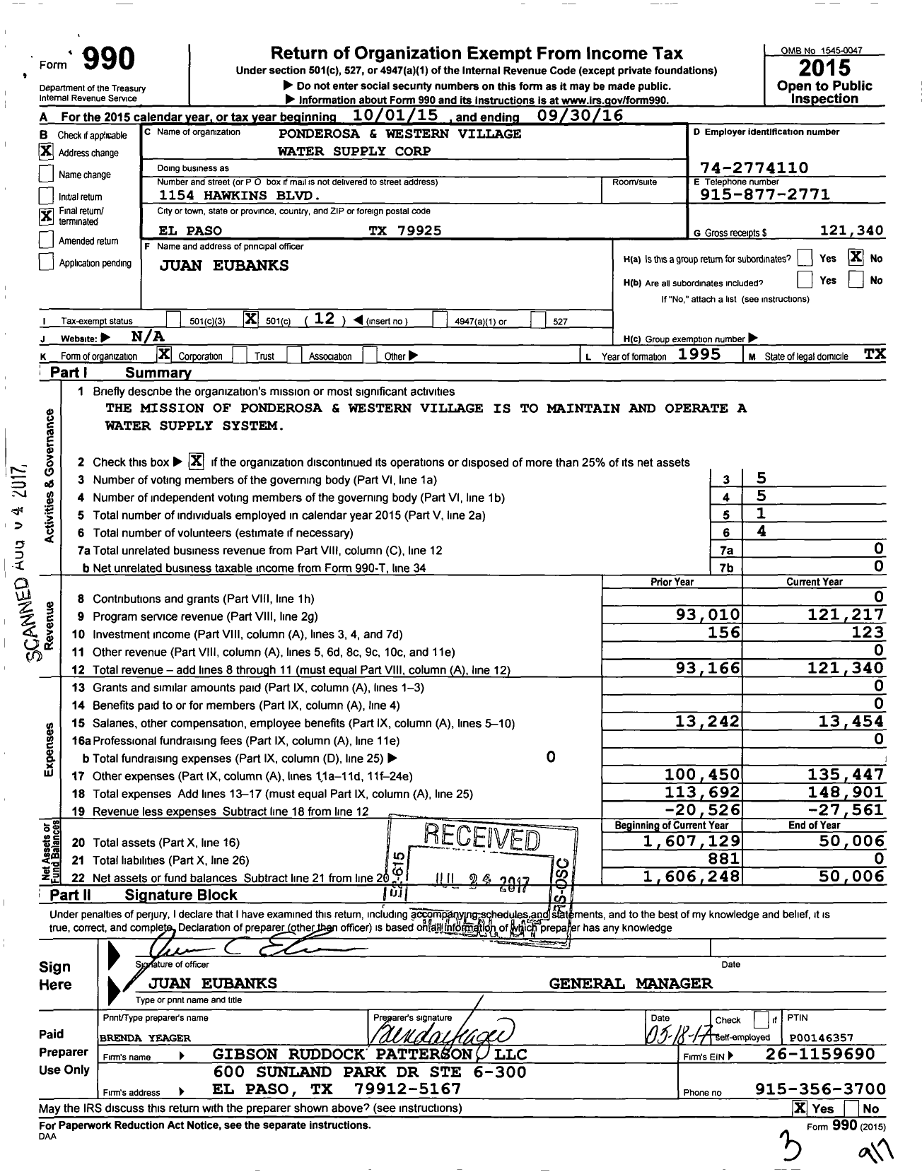 Image of first page of 2015 Form 990O for Ponderosa and Western Village Water Supply Corporation