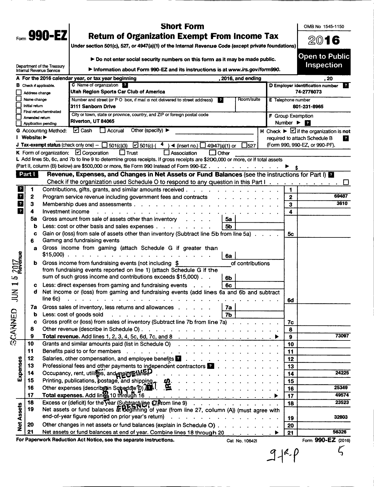 Image of first page of 2016 Form 990EO for Utah Region Sports Car Club of America