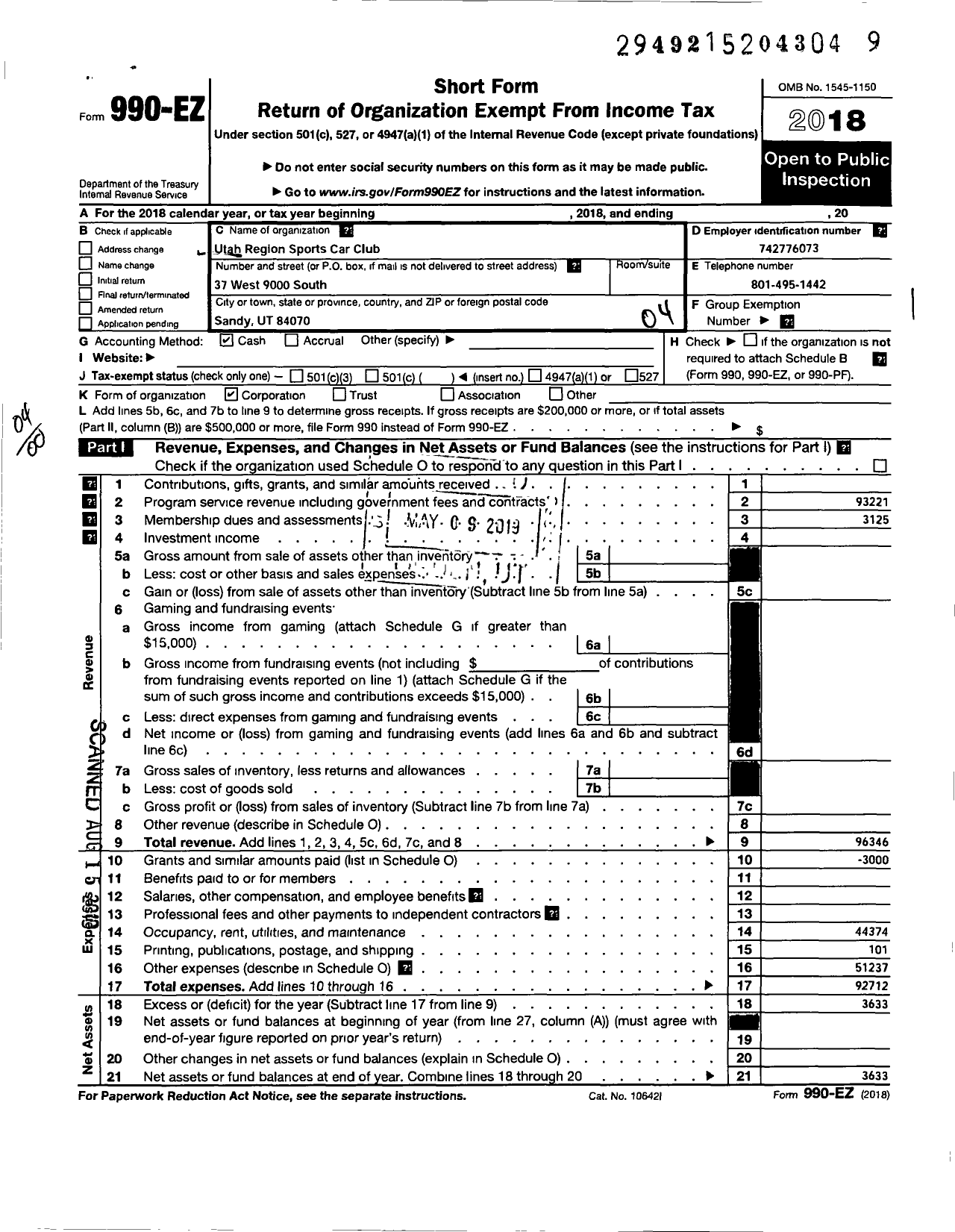 Image of first page of 2018 Form 990EO for Utah Region Sports Car Club of America