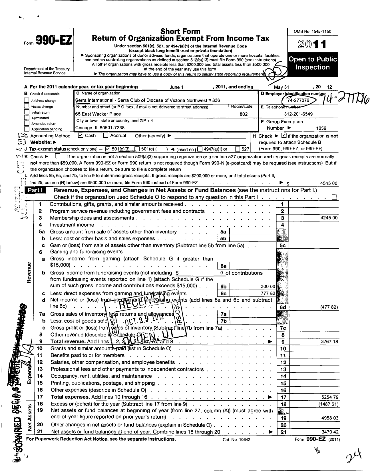 Image of first page of 2011 Form 990EZ for Serra International - 836 Diocese of Victoria Northwest