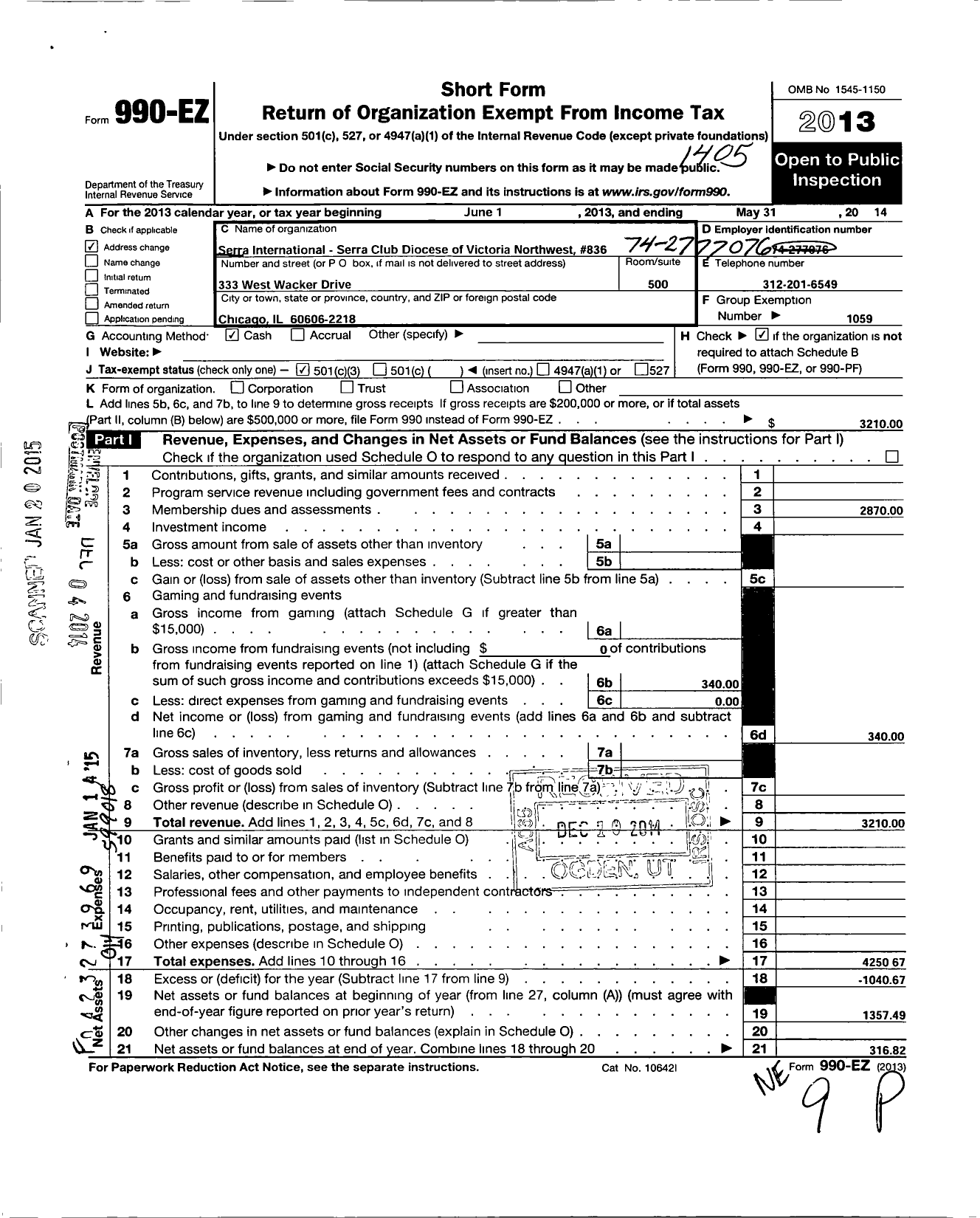 Image of first page of 2013 Form 990EZ for Serra International - 836 Diocese of Victoria Northwest