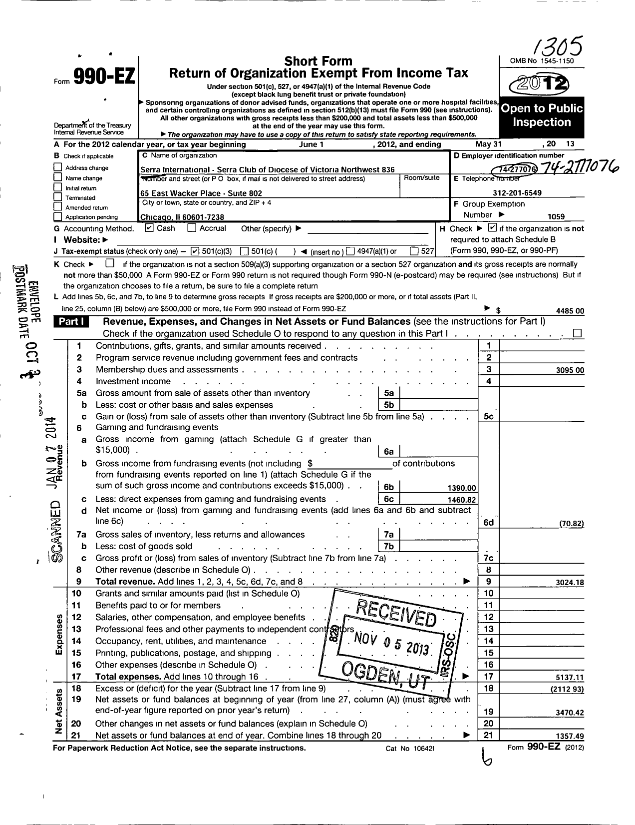 Image of first page of 2012 Form 990EZ for Serra International - 836 Diocese of Victoria Northwest